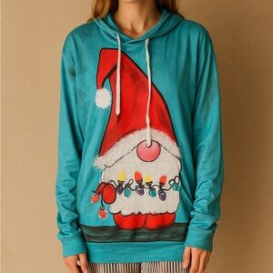 Christmas Elf Gnome Blue Hoodie Soft Comfy Sweatshirt Size Large
